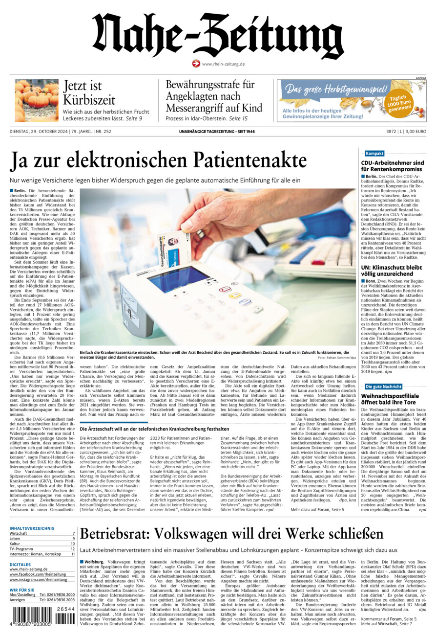 Nahe-Zeitung vom Dienstag, 29.10.2024