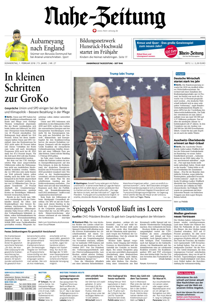Nahe-Zeitung vom Donnerstag, 01.02.2018