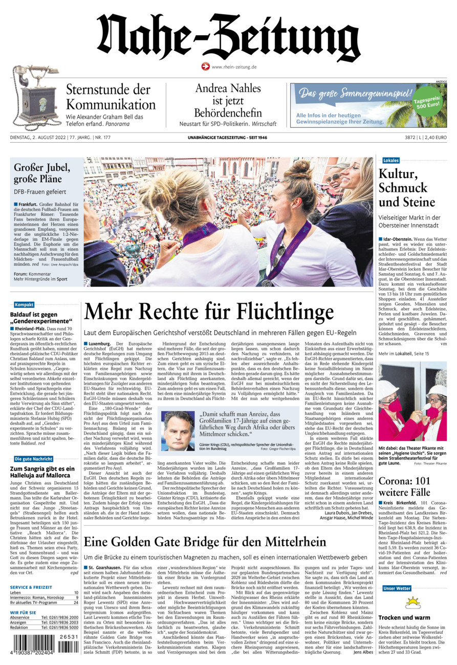 Nahe-Zeitung vom Dienstag, 02.08.2022