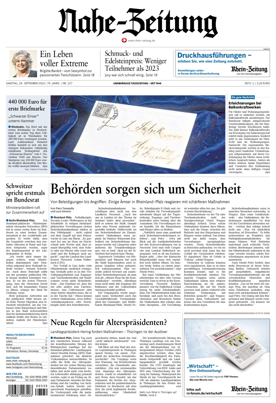 Nahe-Zeitung vom Samstag, 28.09.2024