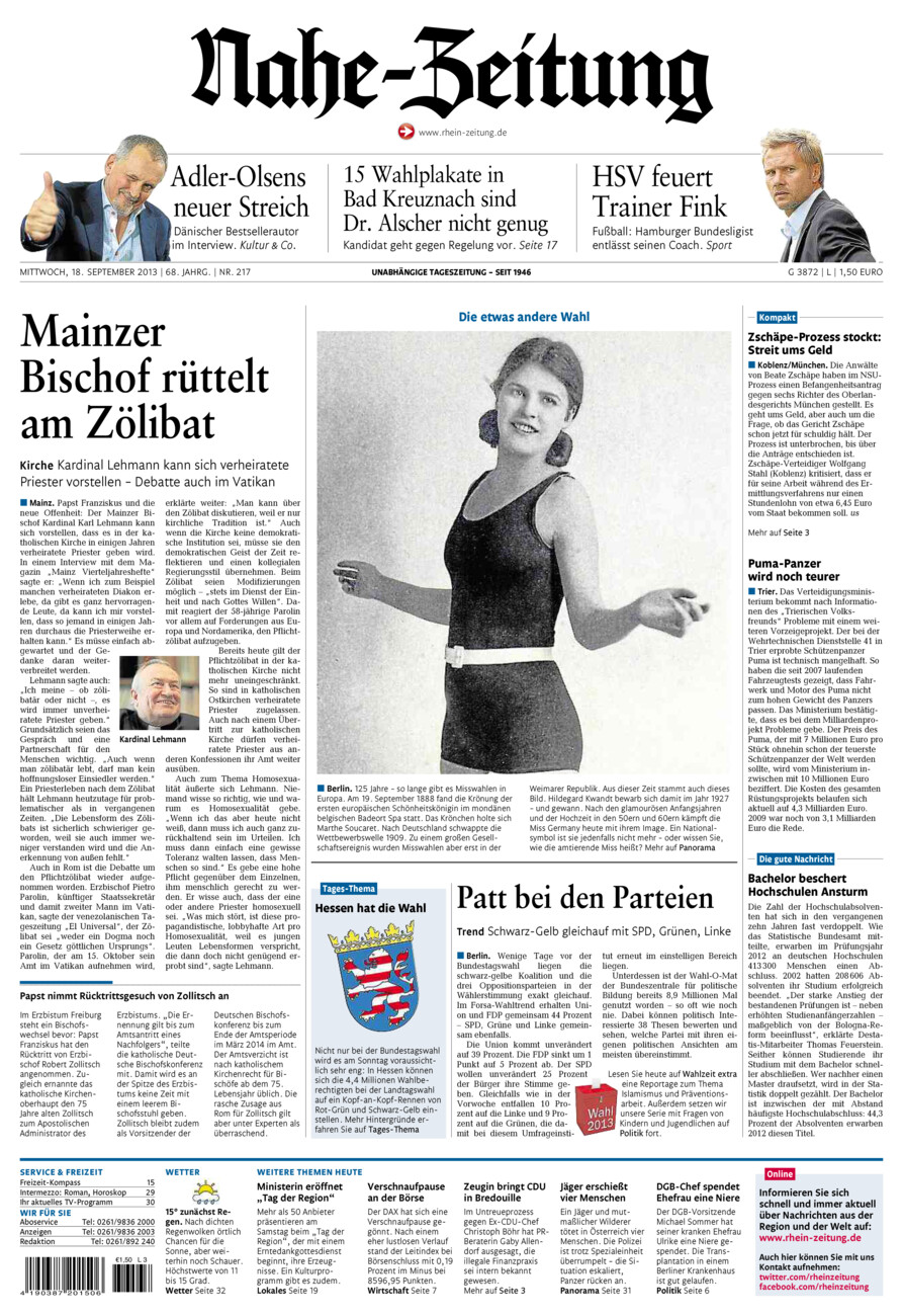 Nahe-Zeitung vom Mittwoch, 18.09.2013