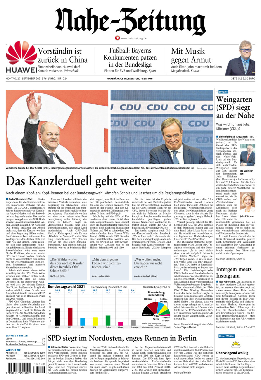 Nahe-Zeitung vom Montag, 27.09.2021