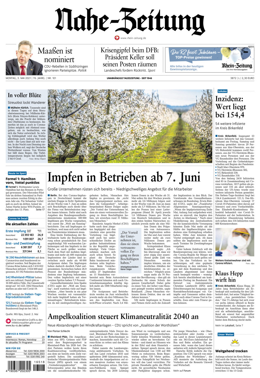 Nahe-Zeitung vom Montag, 03.05.2021