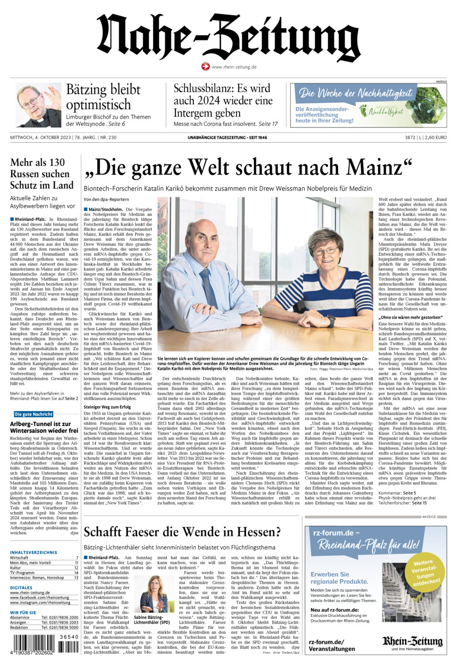 Nahe-Zeitung vom Mittwoch, 04.10.2023
