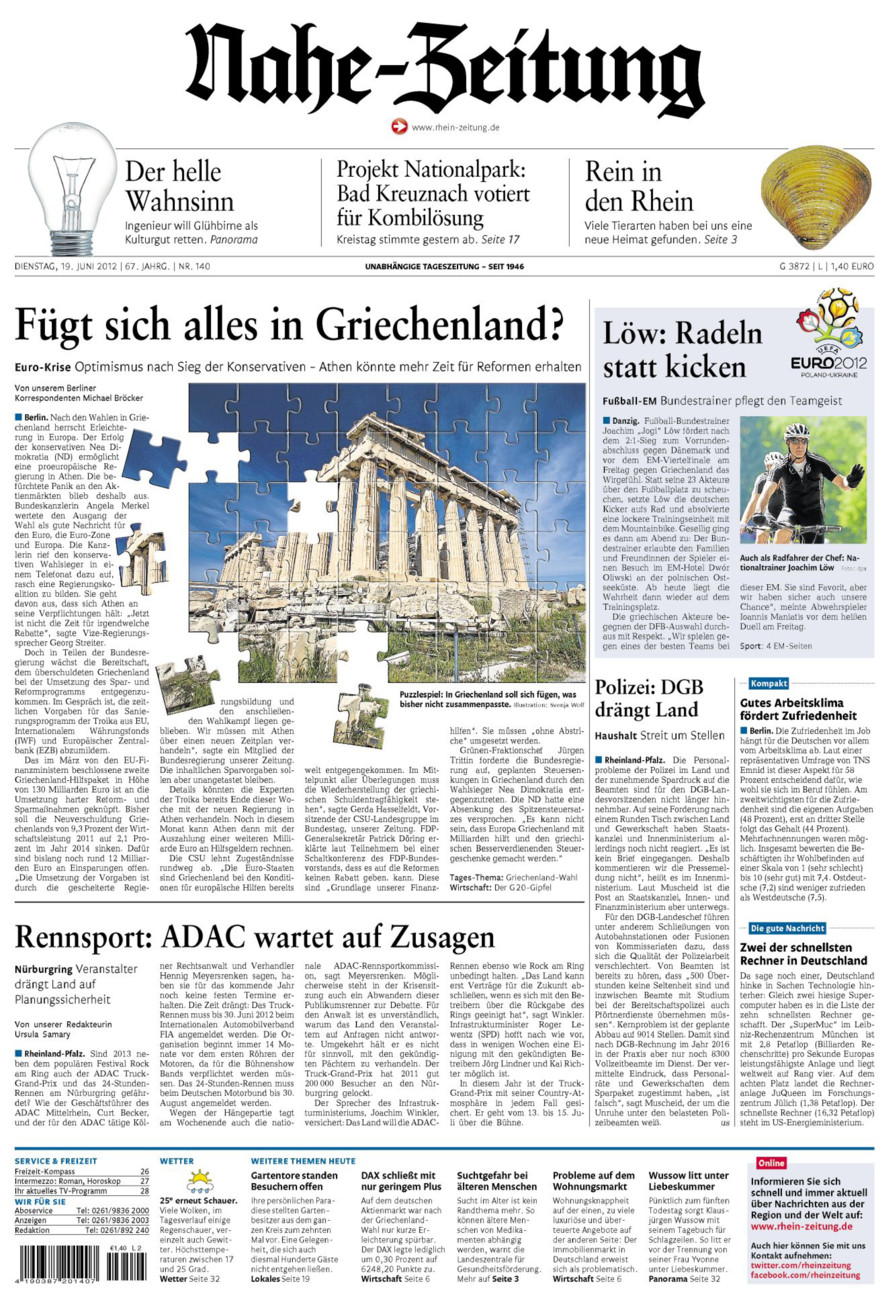 Nahe-Zeitung vom Dienstag, 19.06.2012