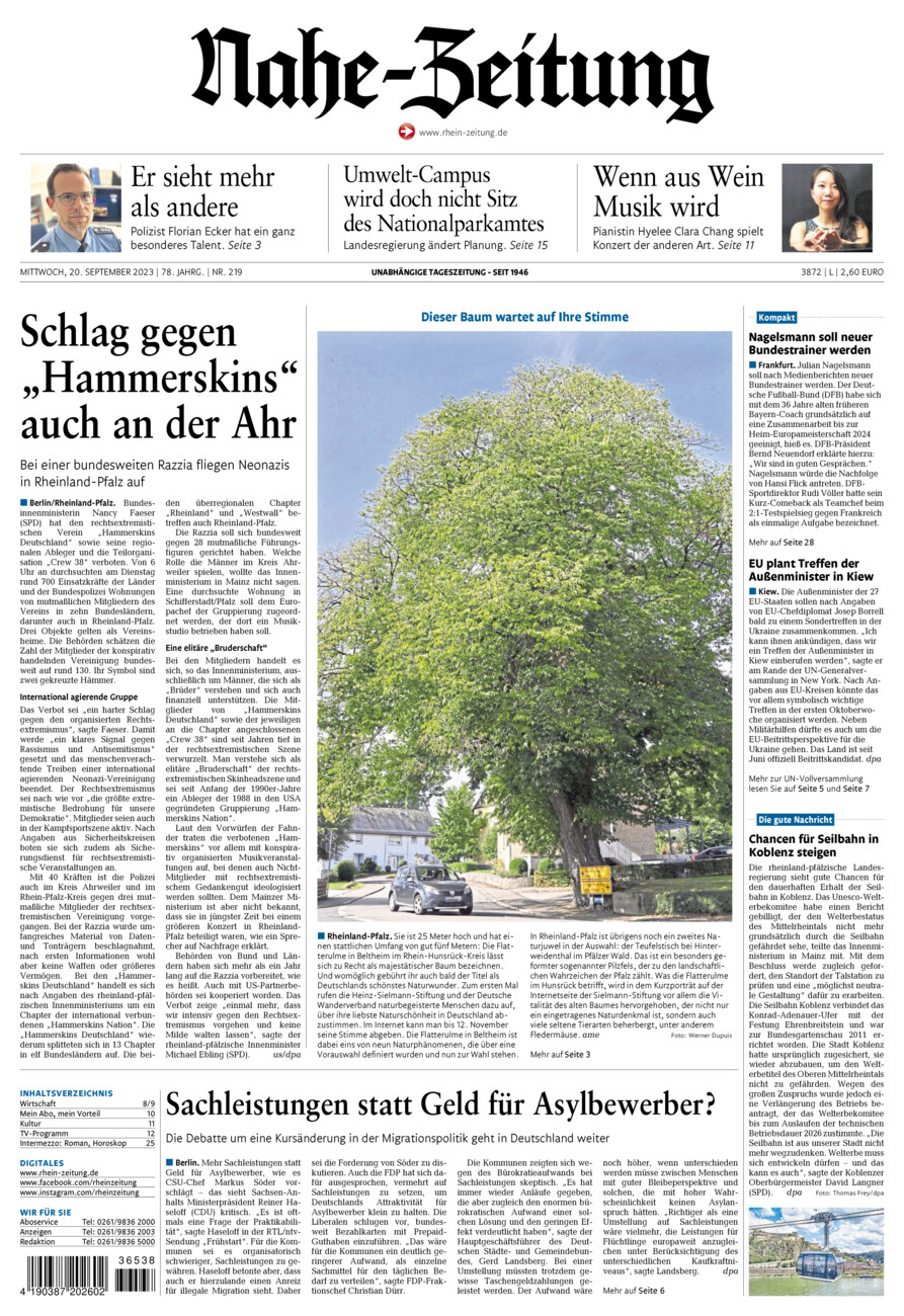 Nahe-Zeitung vom Mittwoch, 20.09.2023