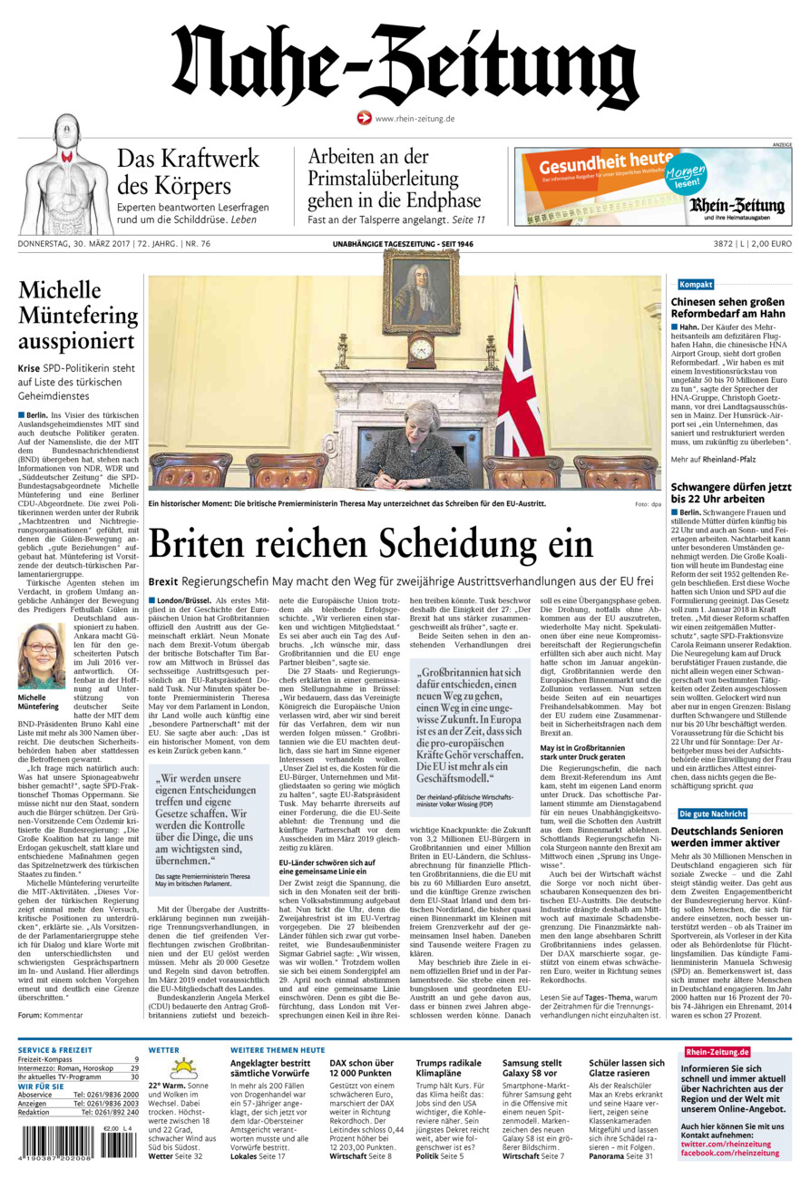 Nahe-Zeitung vom Donnerstag, 30.03.2017