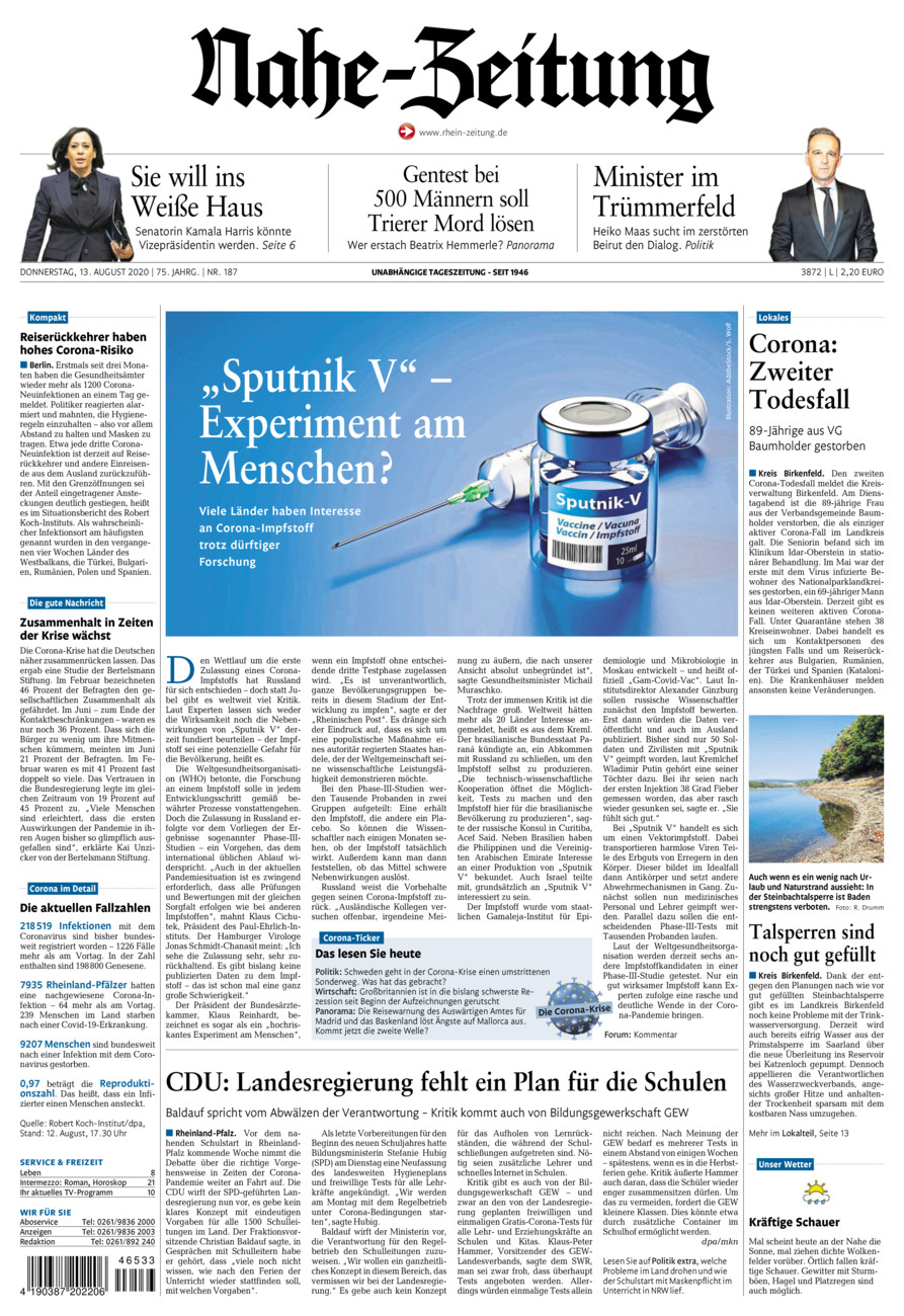 Nahe-Zeitung vom Donnerstag, 13.08.2020