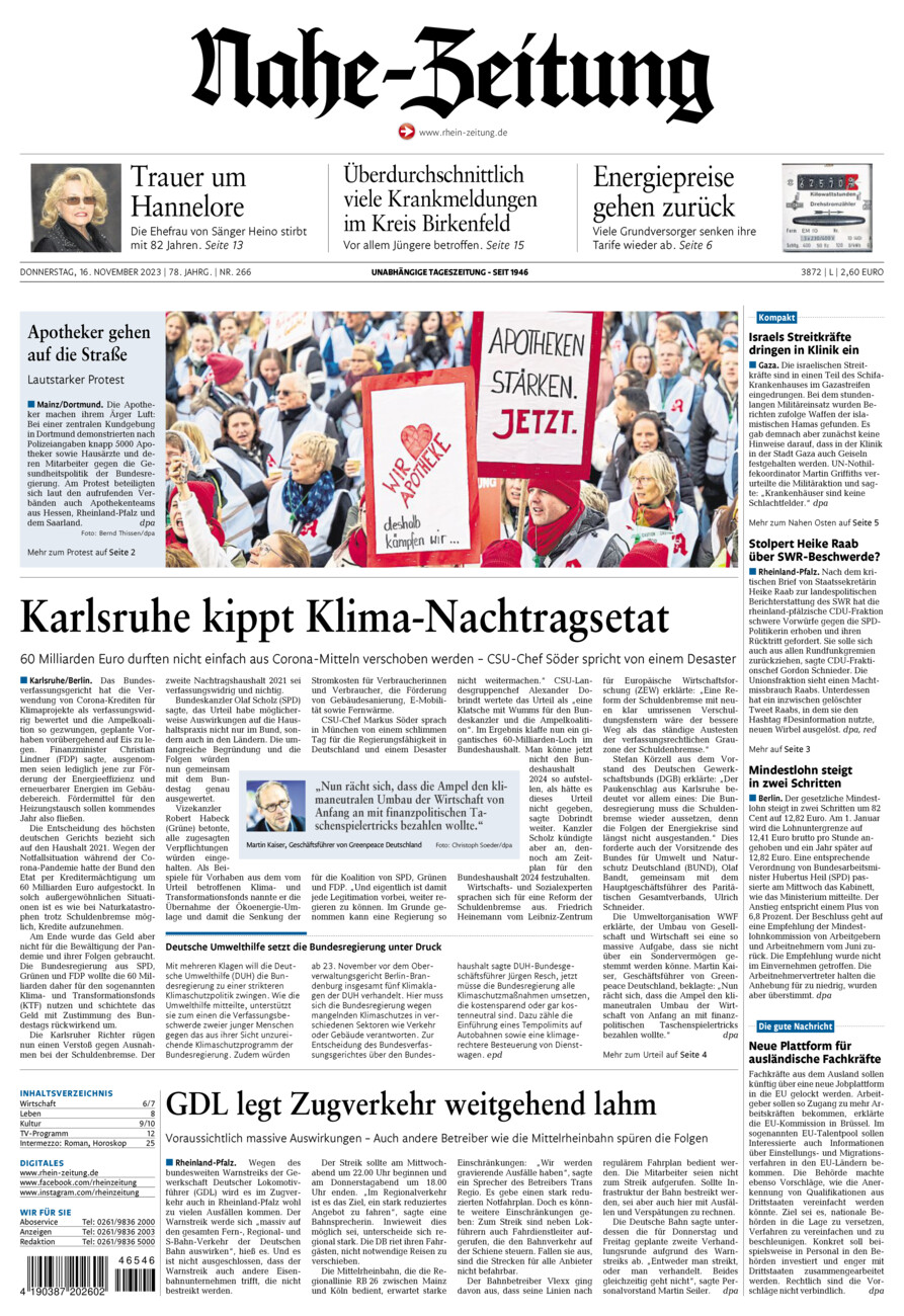 Nahe-Zeitung vom Donnerstag, 16.11.2023