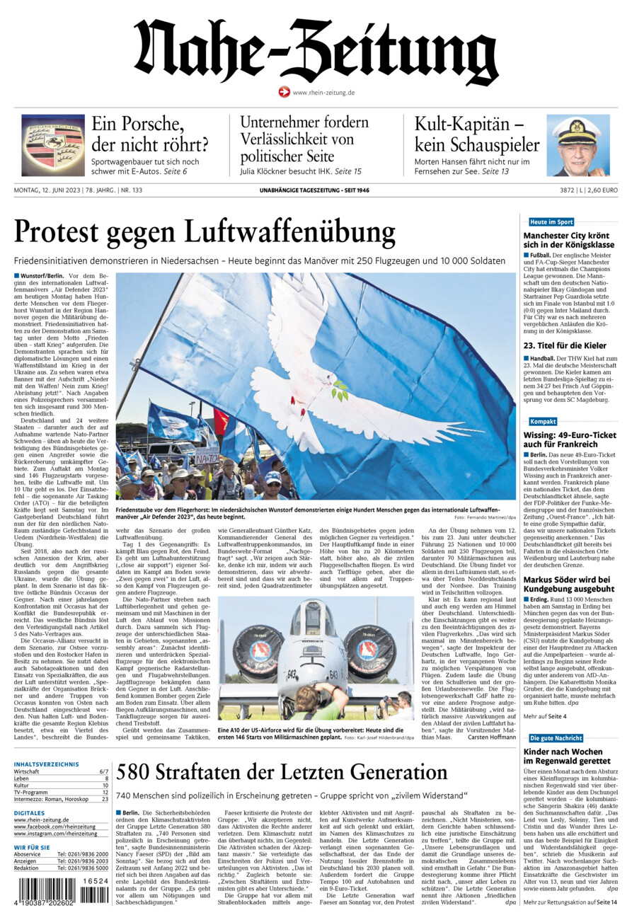 Nahe-Zeitung vom Montag, 12.06.2023
