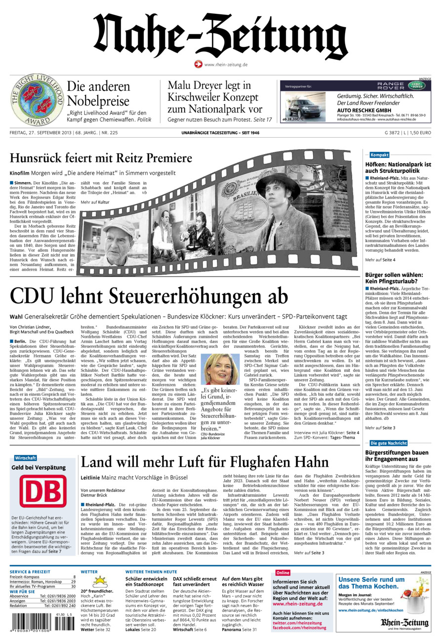 Nahe-Zeitung vom Freitag, 27.09.2013