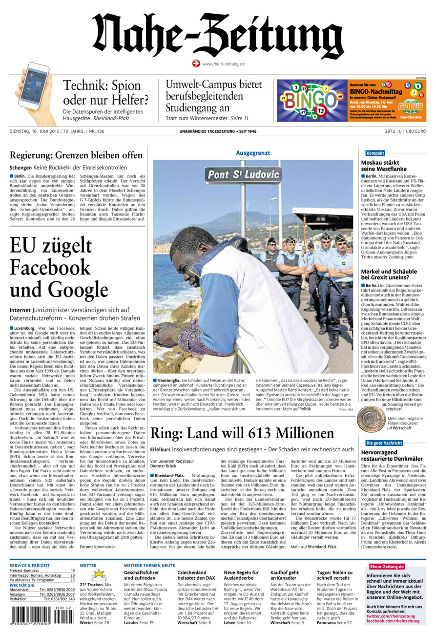 Nahe-Zeitung vom Dienstag, 16.06.2015