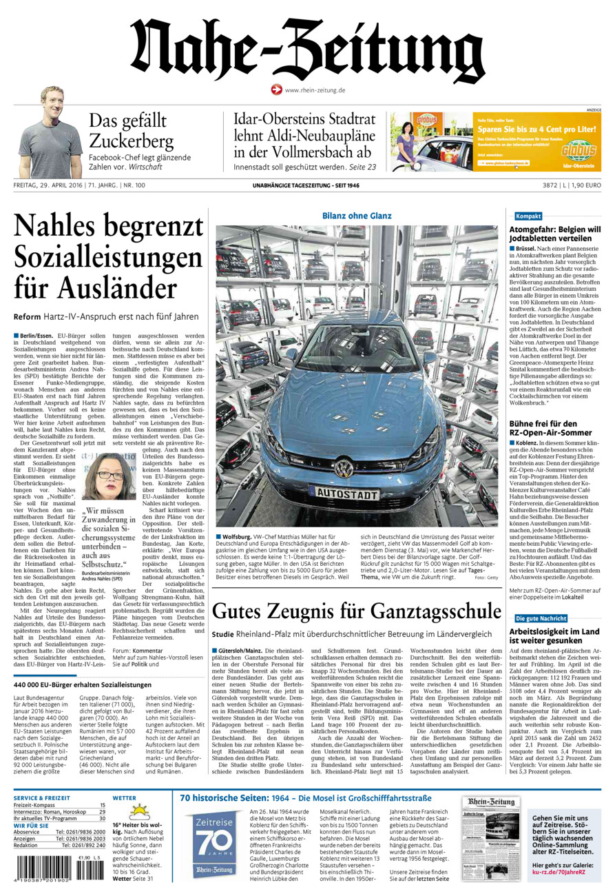 Nahe-Zeitung vom Freitag, 29.04.2016