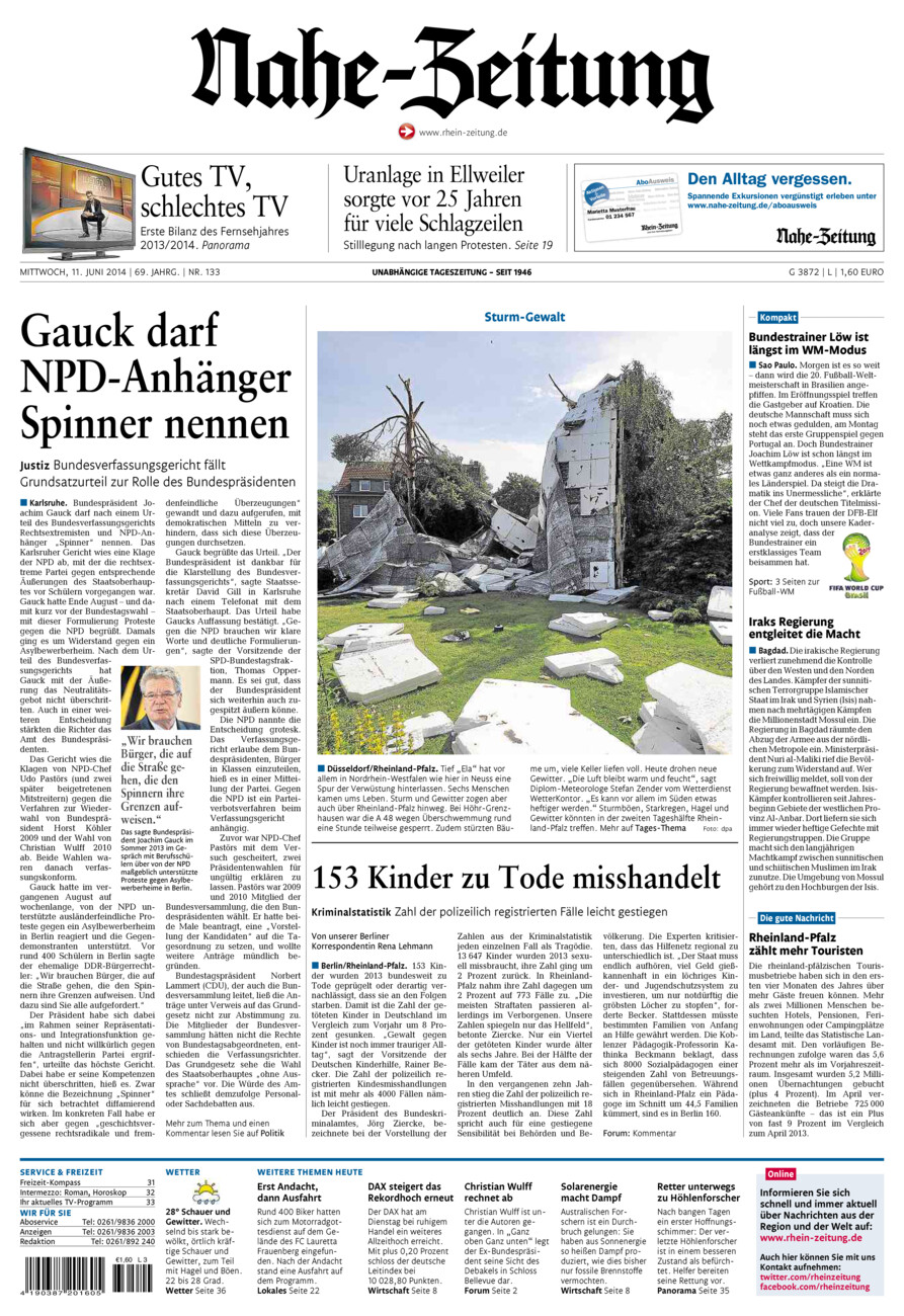 Nahe-Zeitung vom Mittwoch, 11.06.2014