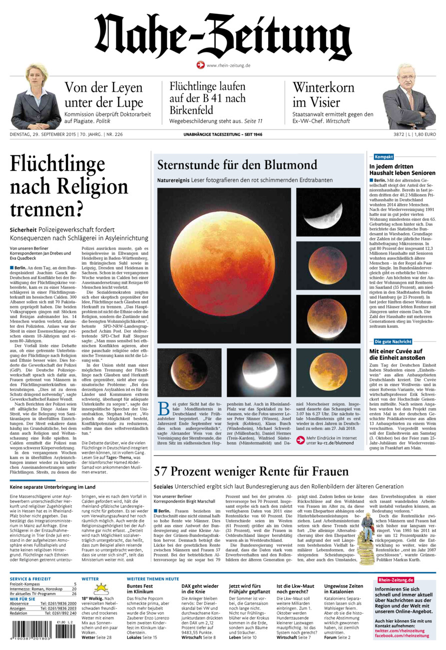Nahe-Zeitung vom Dienstag, 29.09.2015