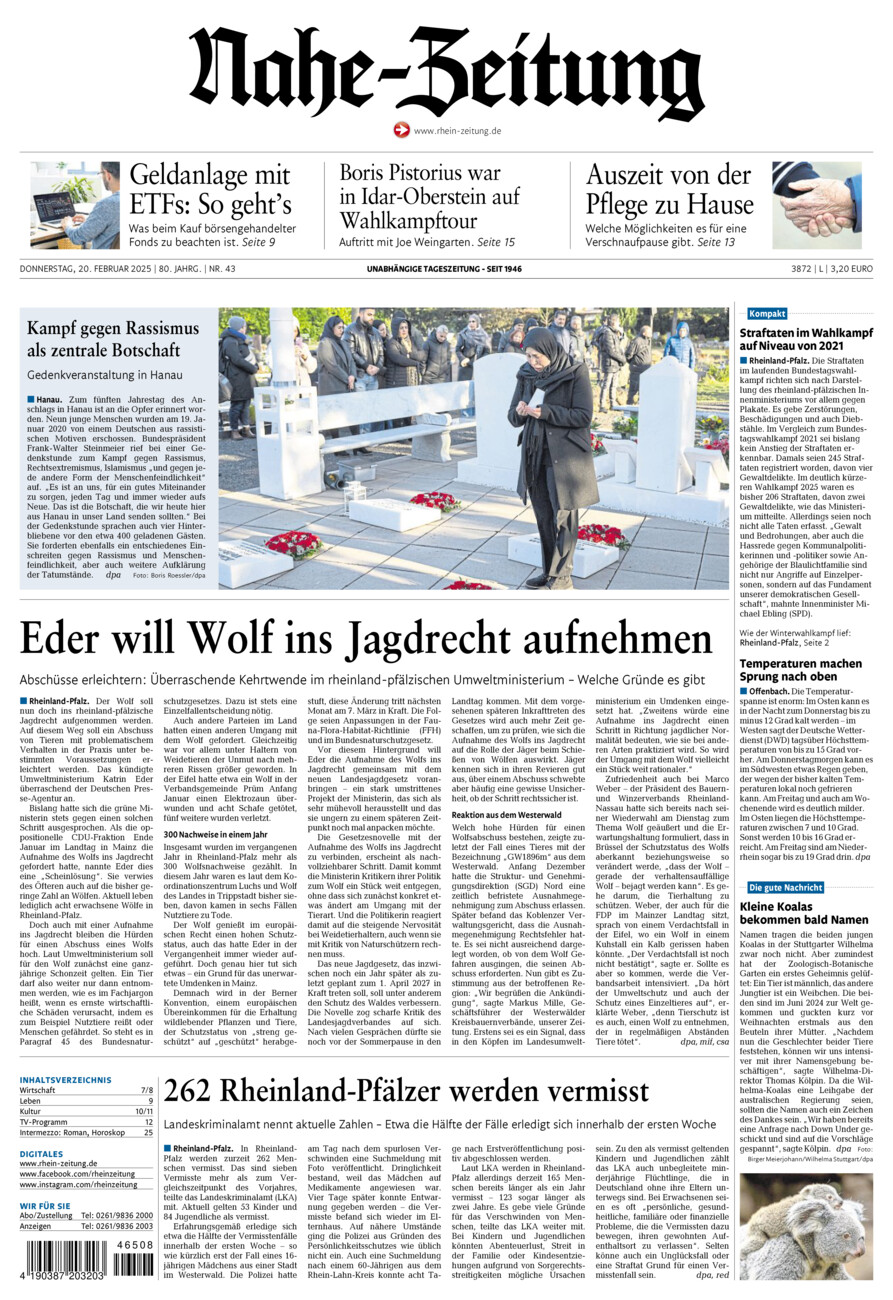 Nahe-Zeitung vom Donnerstag, 20.02.2025