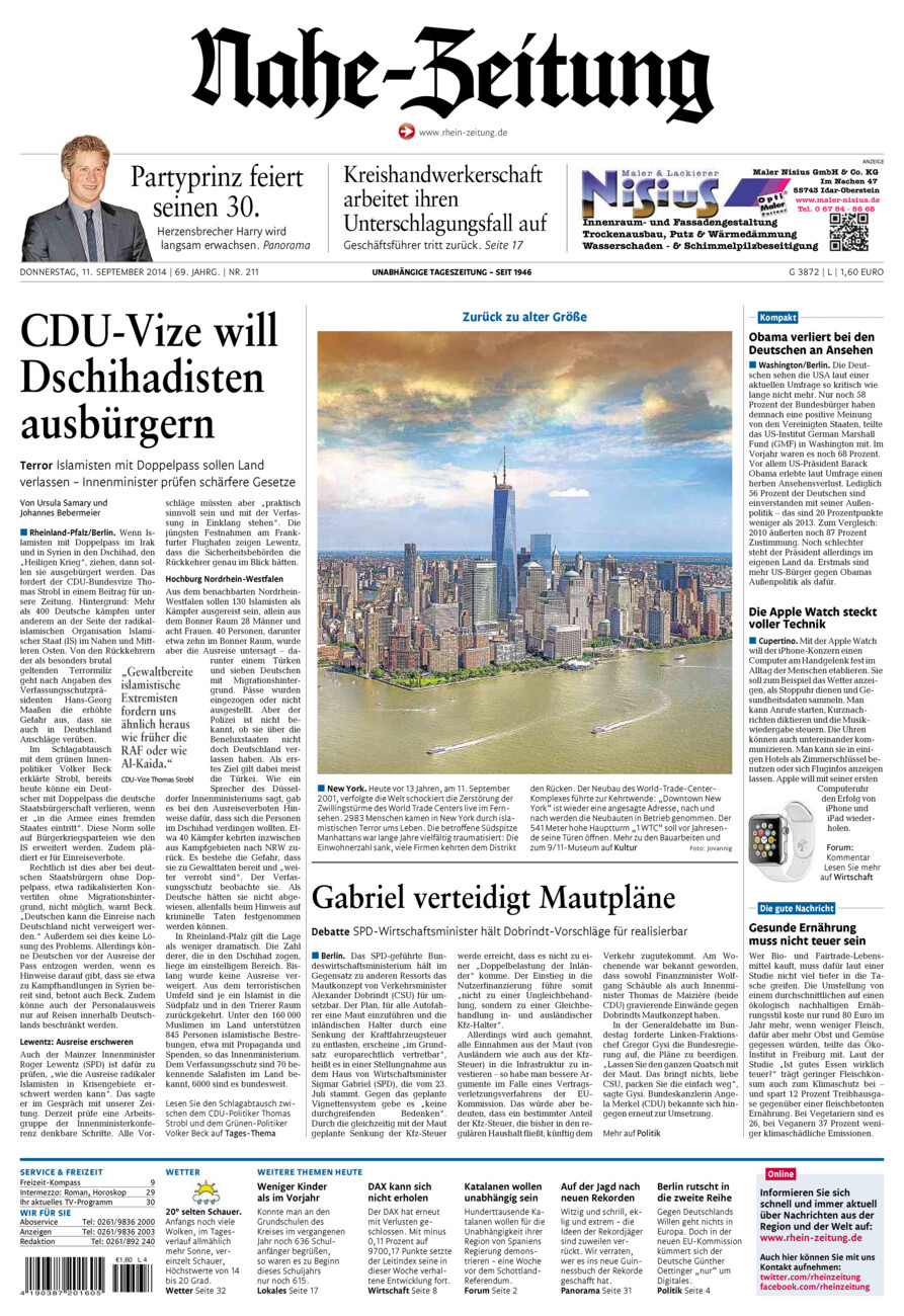 Nahe-Zeitung vom Donnerstag, 11.09.2014