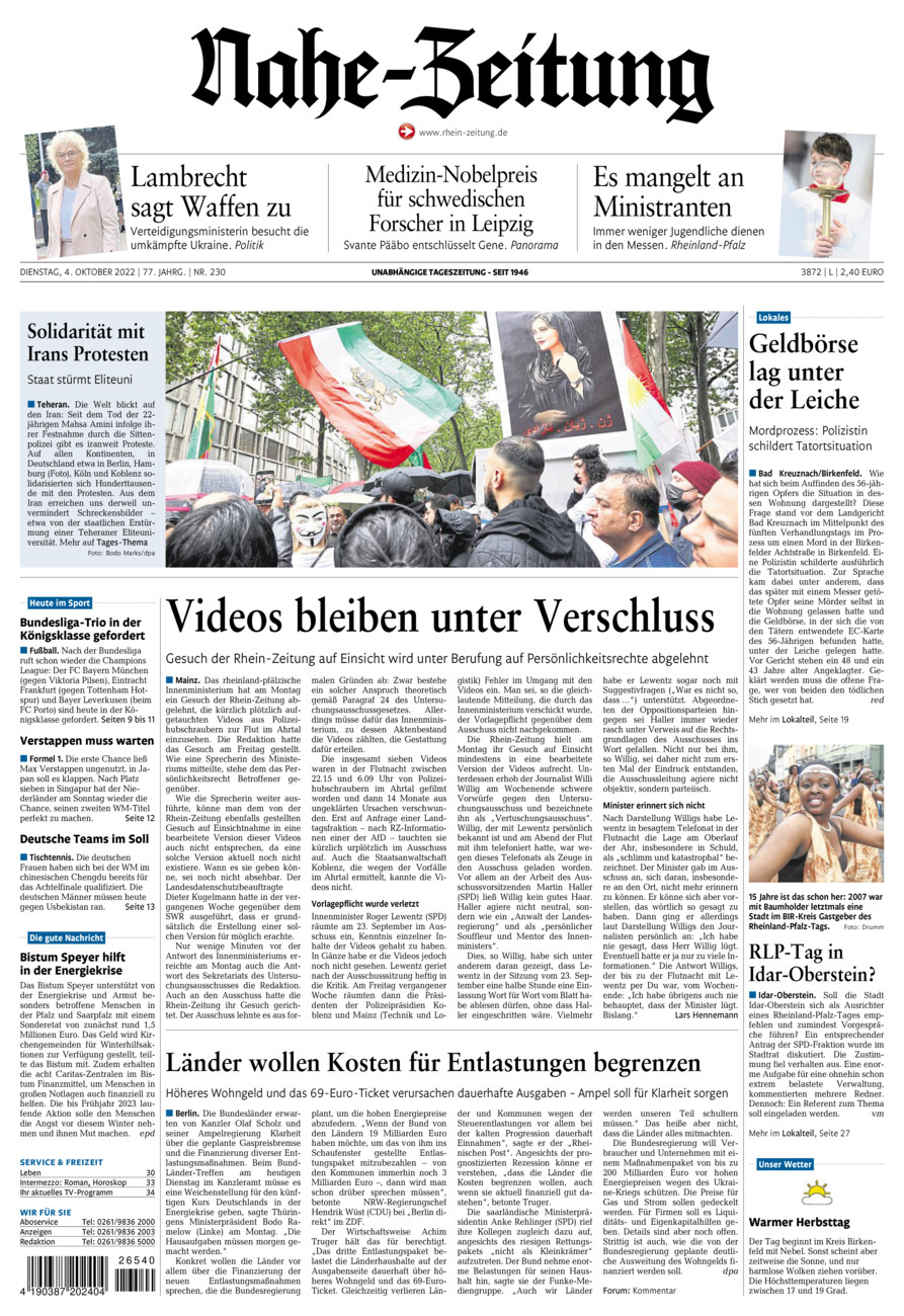 Nahe-Zeitung vom Dienstag, 04.10.2022
