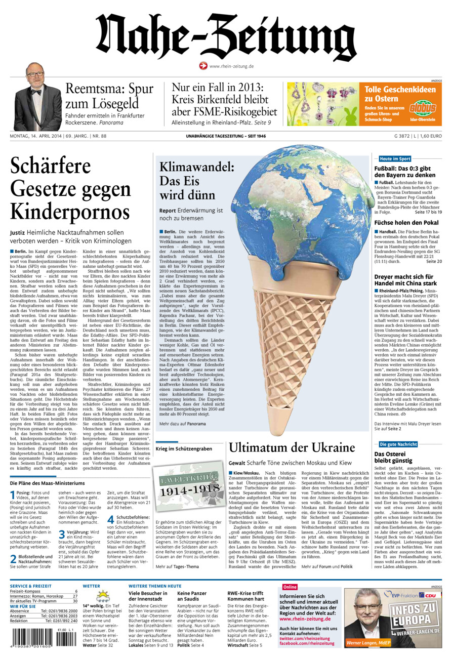 Nahe-Zeitung vom Montag, 14.04.2014