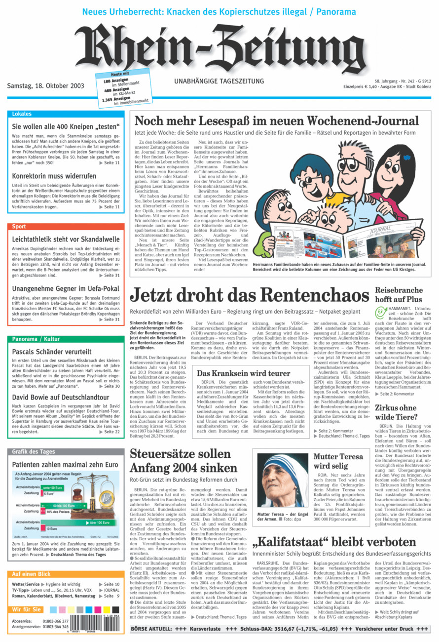Rhein-Zeitung Koblenz & Region vom Samstag, 18.10.2003