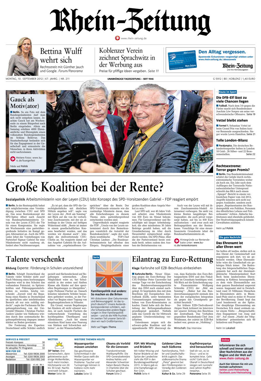 Rhein-Zeitung Koblenz & Region vom Montag, 10.09.2012