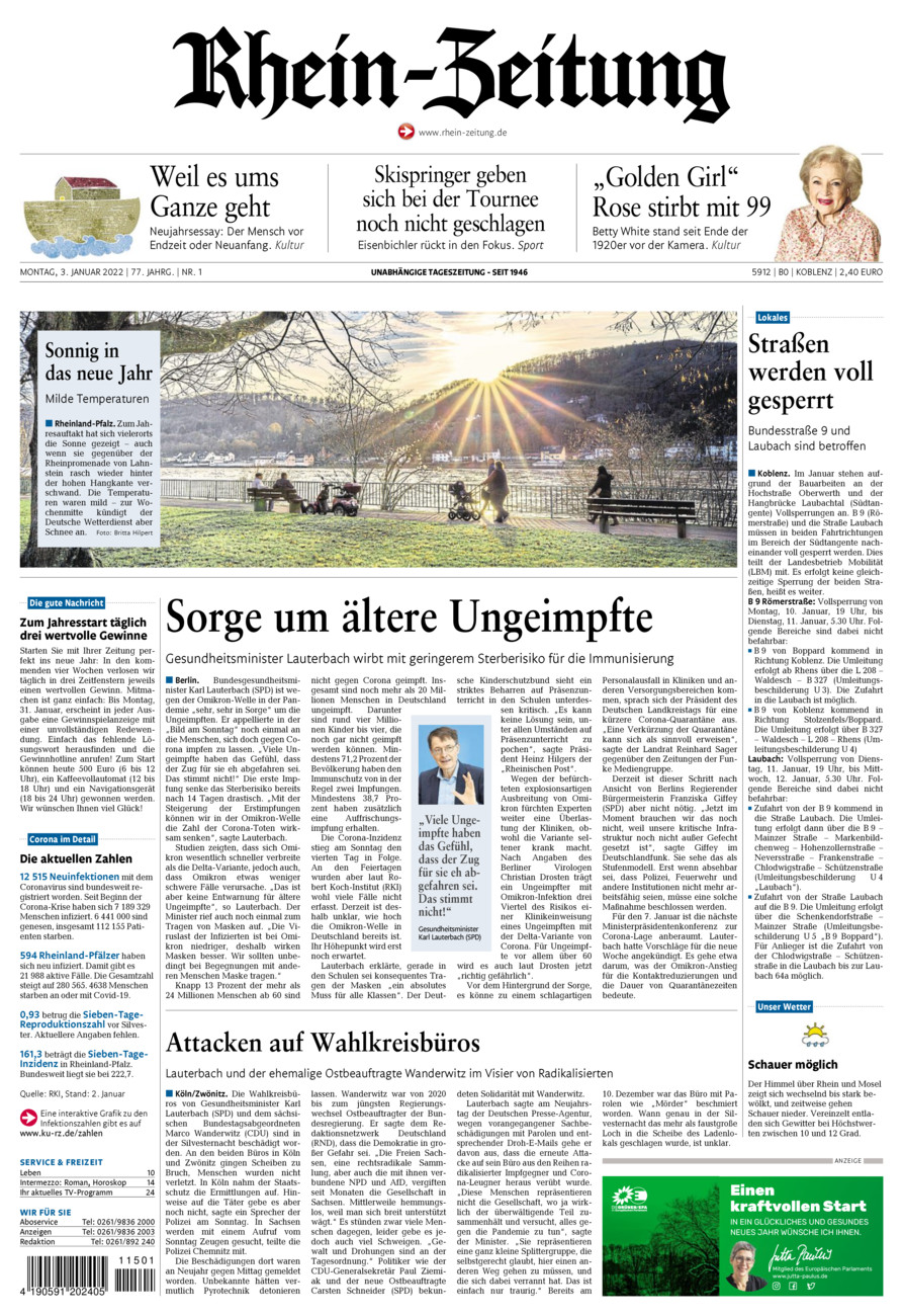 Rhein-Zeitung Koblenz & Region vom Montag, 03.01.2022