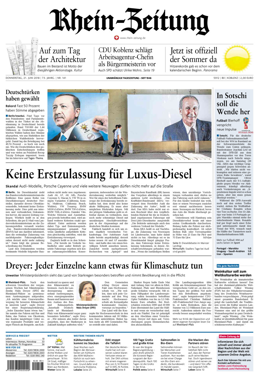 Rhein-Zeitung Koblenz & Region vom Donnerstag, 21.06.2018