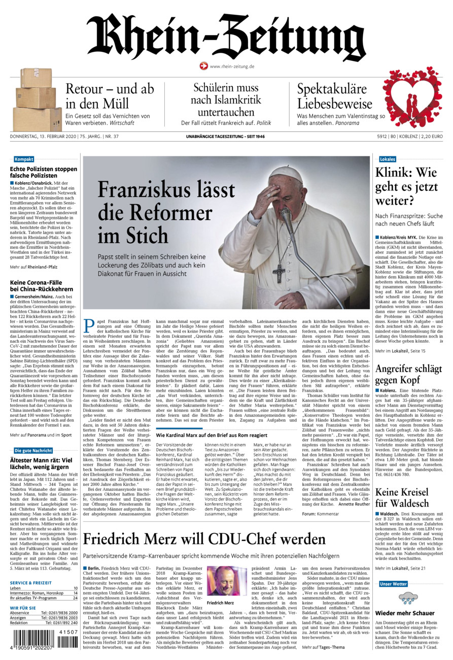 Rhein-Zeitung Koblenz & Region vom Donnerstag, 13.02.2020