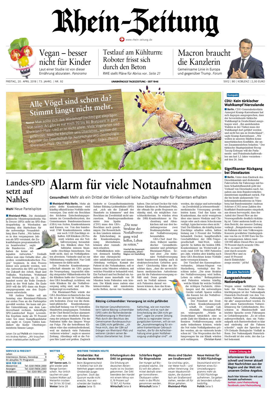 Rhein-Zeitung Koblenz & Region vom Freitag, 20.04.2018