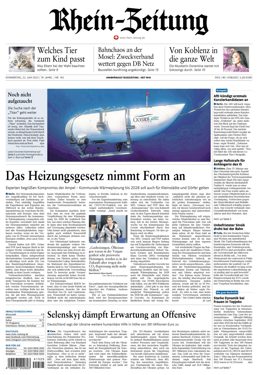 Rhein-Zeitung Koblenz & Region vom Donnerstag, 22.06.2023