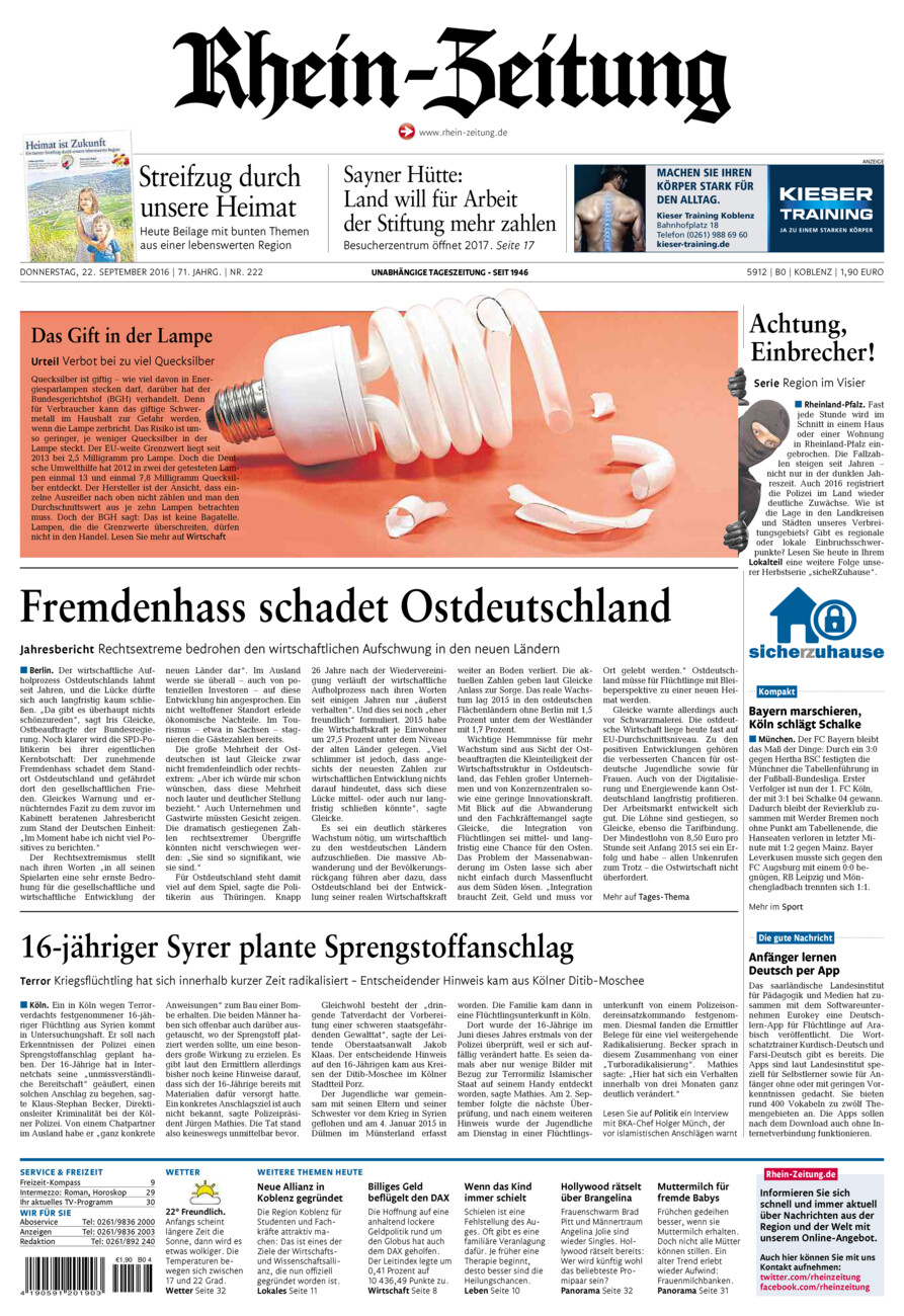 Rhein-Zeitung Koblenz & Region vom Donnerstag, 22.09.2016
