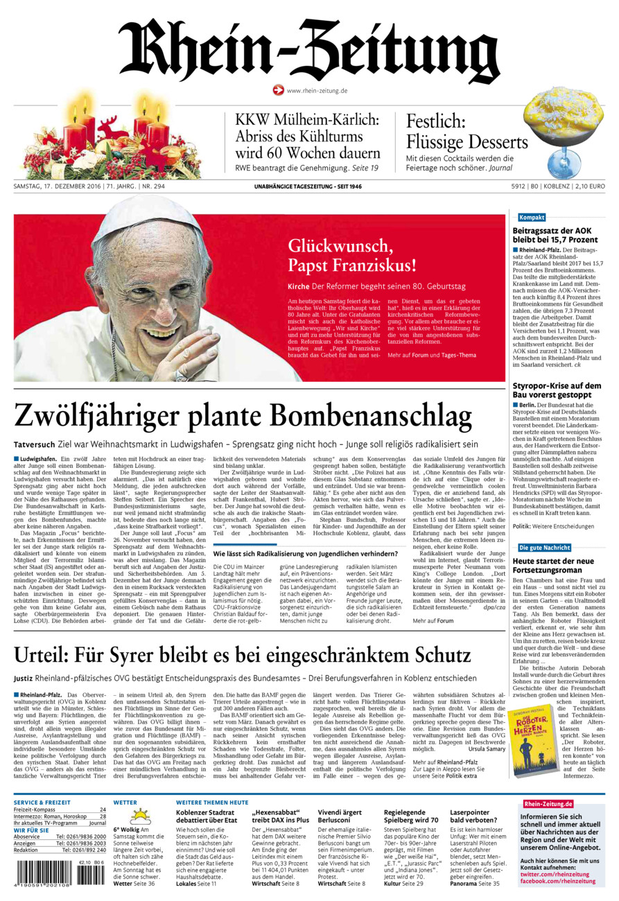 Rhein-Zeitung Koblenz & Region vom Samstag, 17.12.2016
