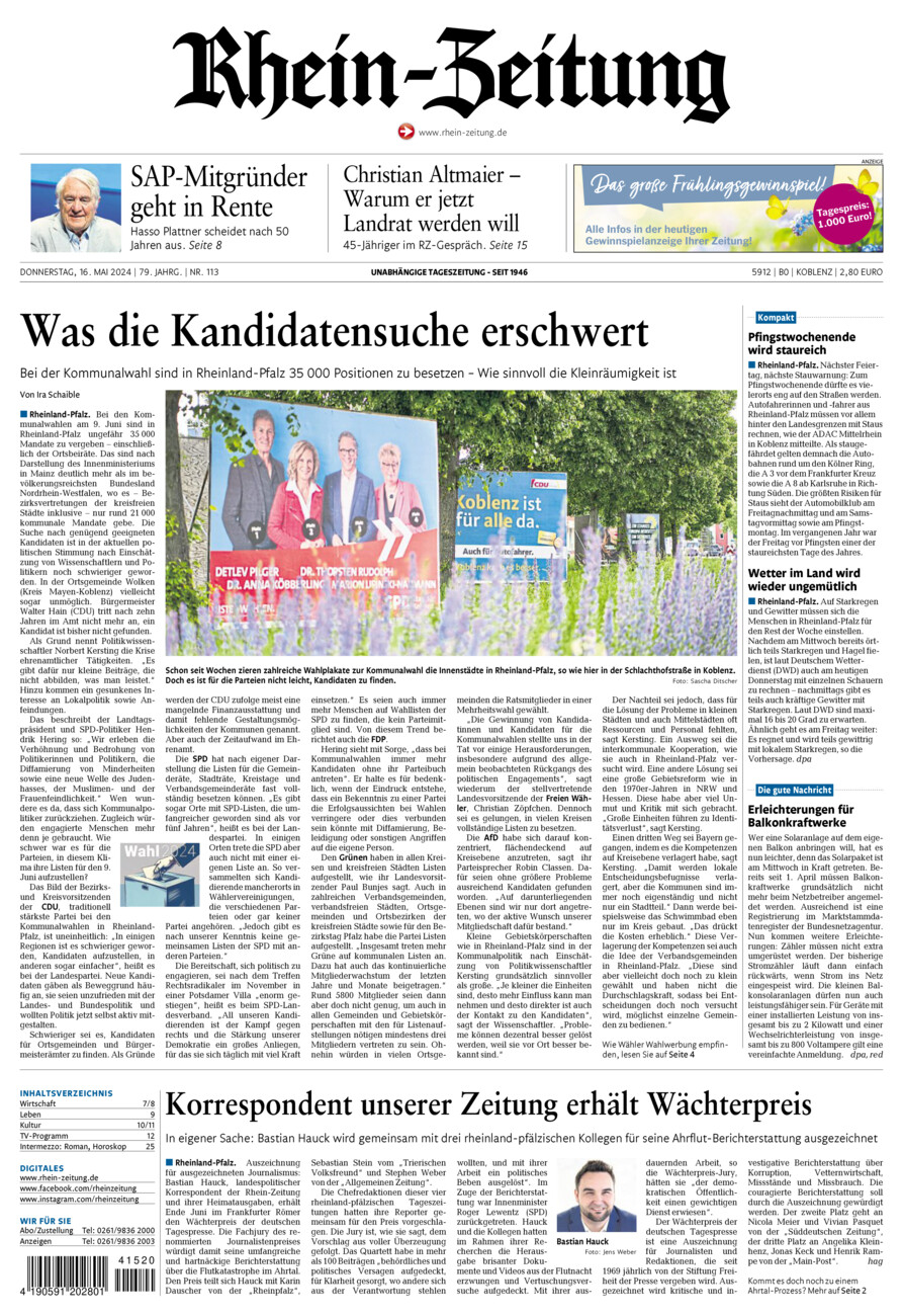 Rhein-Zeitung Koblenz & Region vom Donnerstag, 16.05.2024