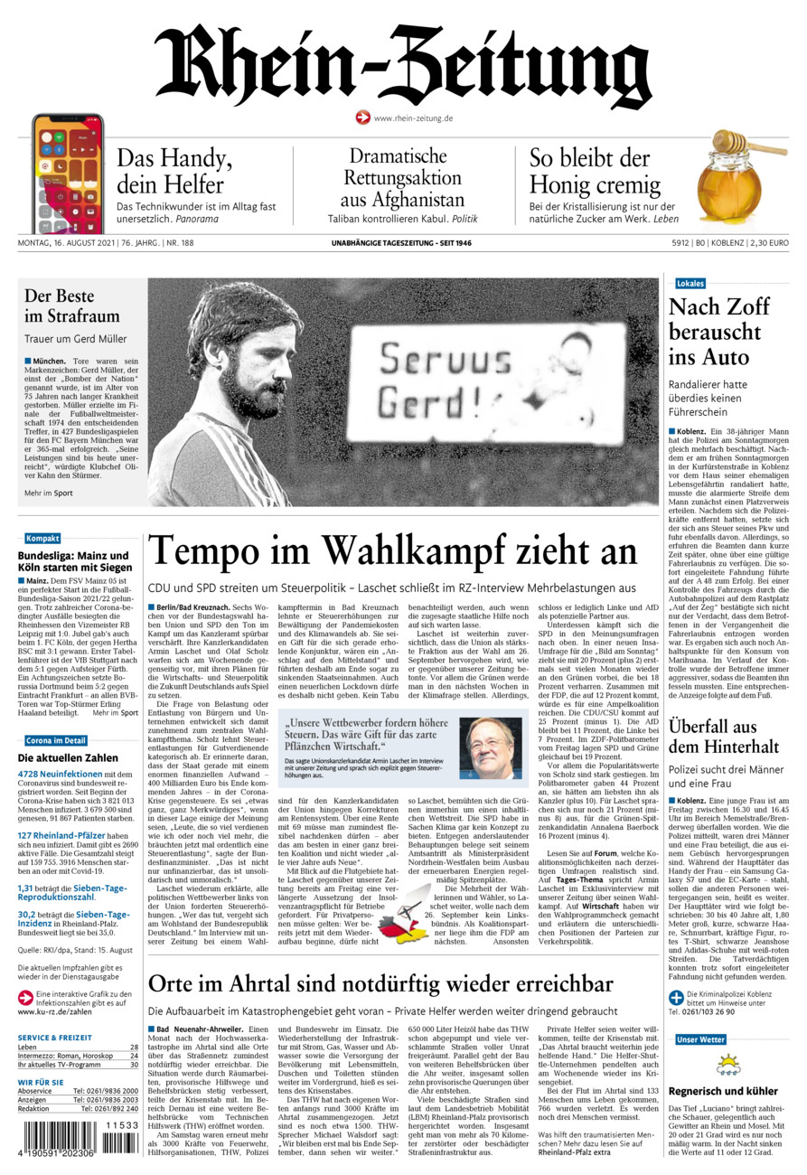 Rhein-Zeitung Koblenz & Region vom Montag, 16.08.2021