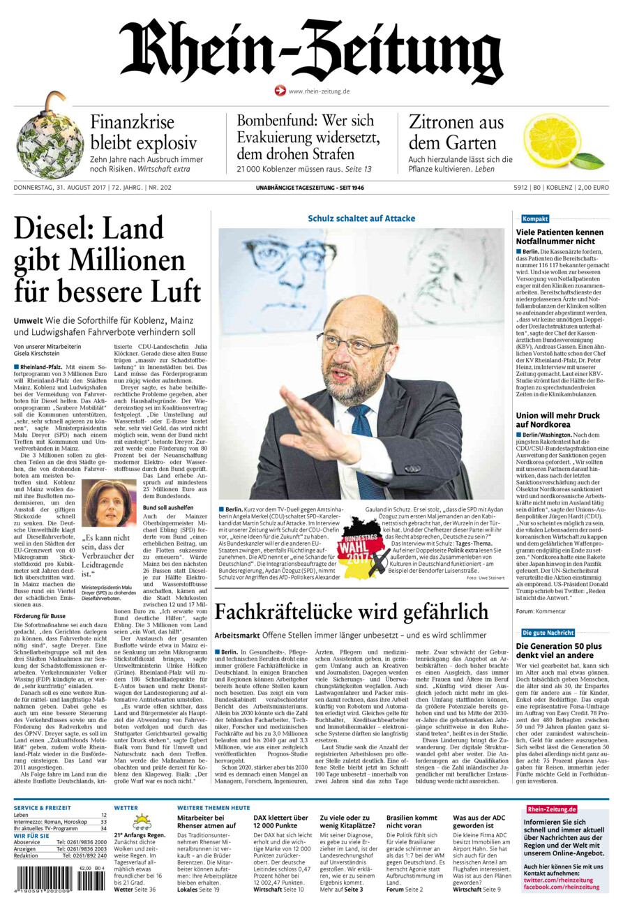 Rhein-Zeitung Koblenz & Region vom Donnerstag, 31.08.2017
