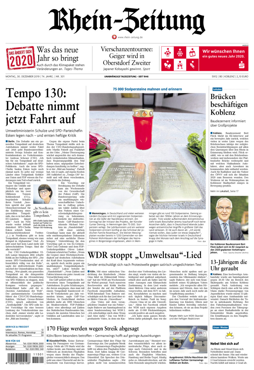 Rhein-Zeitung Koblenz & Region vom Montag, 30.12.2019