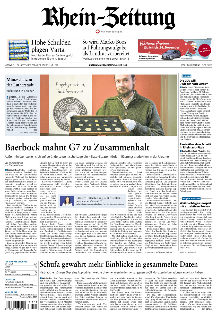 Rhein-Zeitung Koblenz & Region vom Mittwoch, 27.11.2024