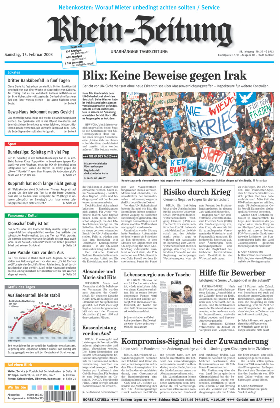 Rhein-Zeitung Koblenz & Region vom Samstag, 15.02.2003