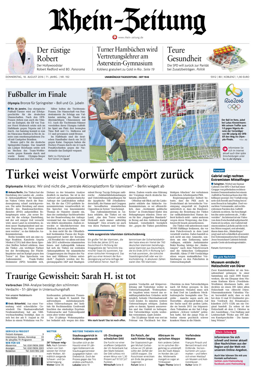 Rhein-Zeitung Koblenz & Region vom Donnerstag, 18.08.2016