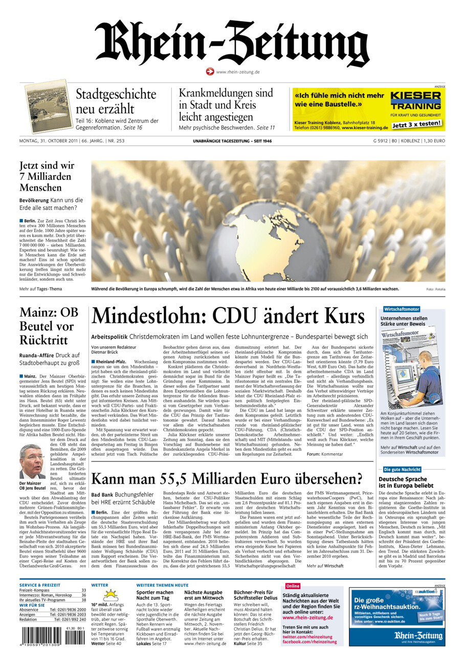 Rhein-Zeitung Koblenz & Region vom Montag, 31.10.2011