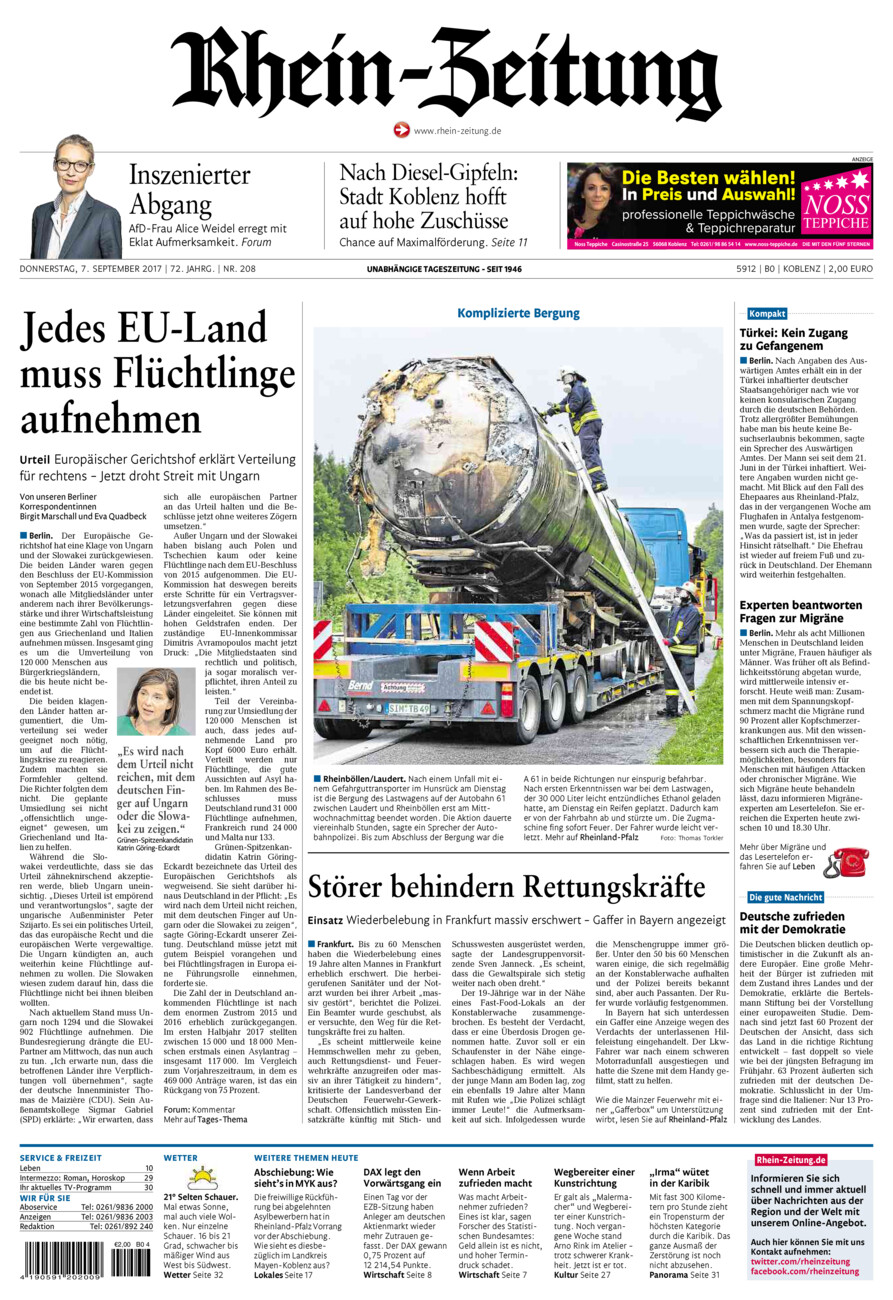 Rhein-Zeitung Koblenz & Region vom Donnerstag, 07.09.2017