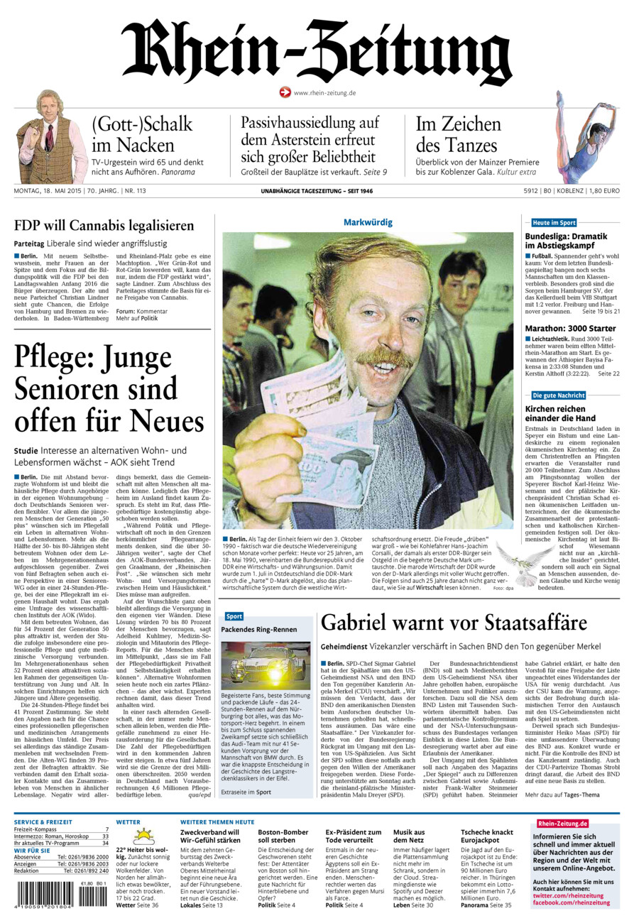 Rhein-Zeitung Koblenz & Region vom Montag, 18.05.2015