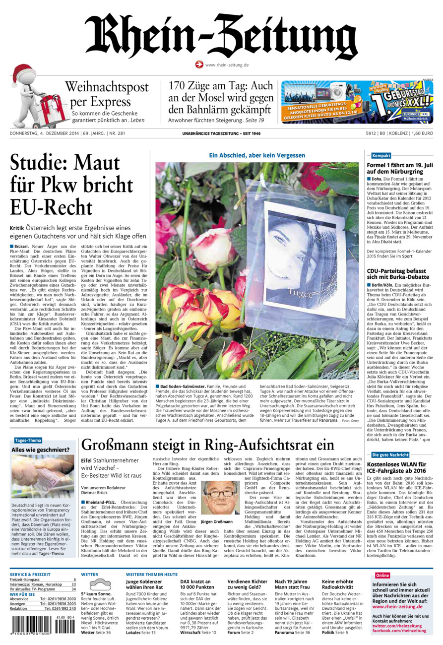 Rhein-Zeitung Koblenz & Region vom Donnerstag, 04.12.2014