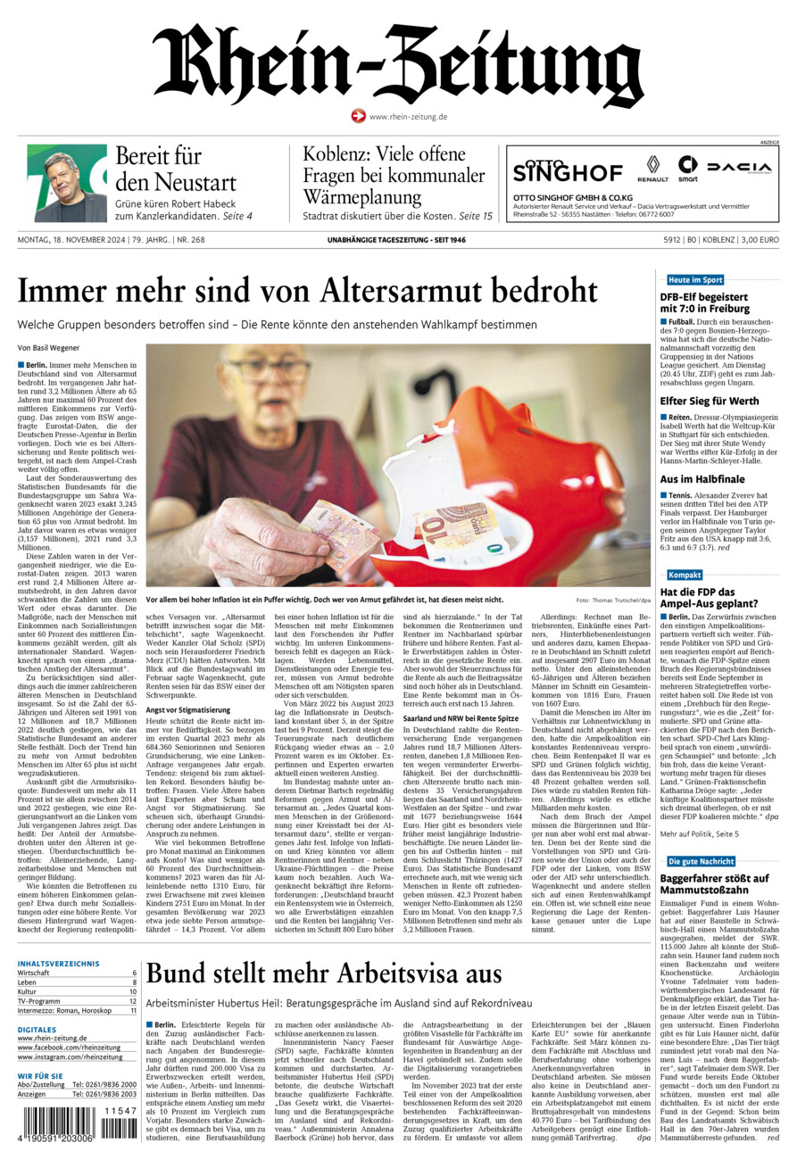 Rhein-Zeitung Koblenz & Region vom Montag, 18.11.2024