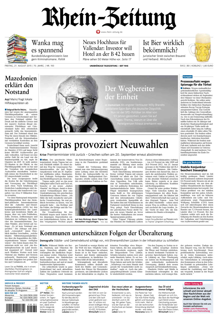 Rhein-Zeitung Koblenz & Region vom Freitag, 21.08.2015