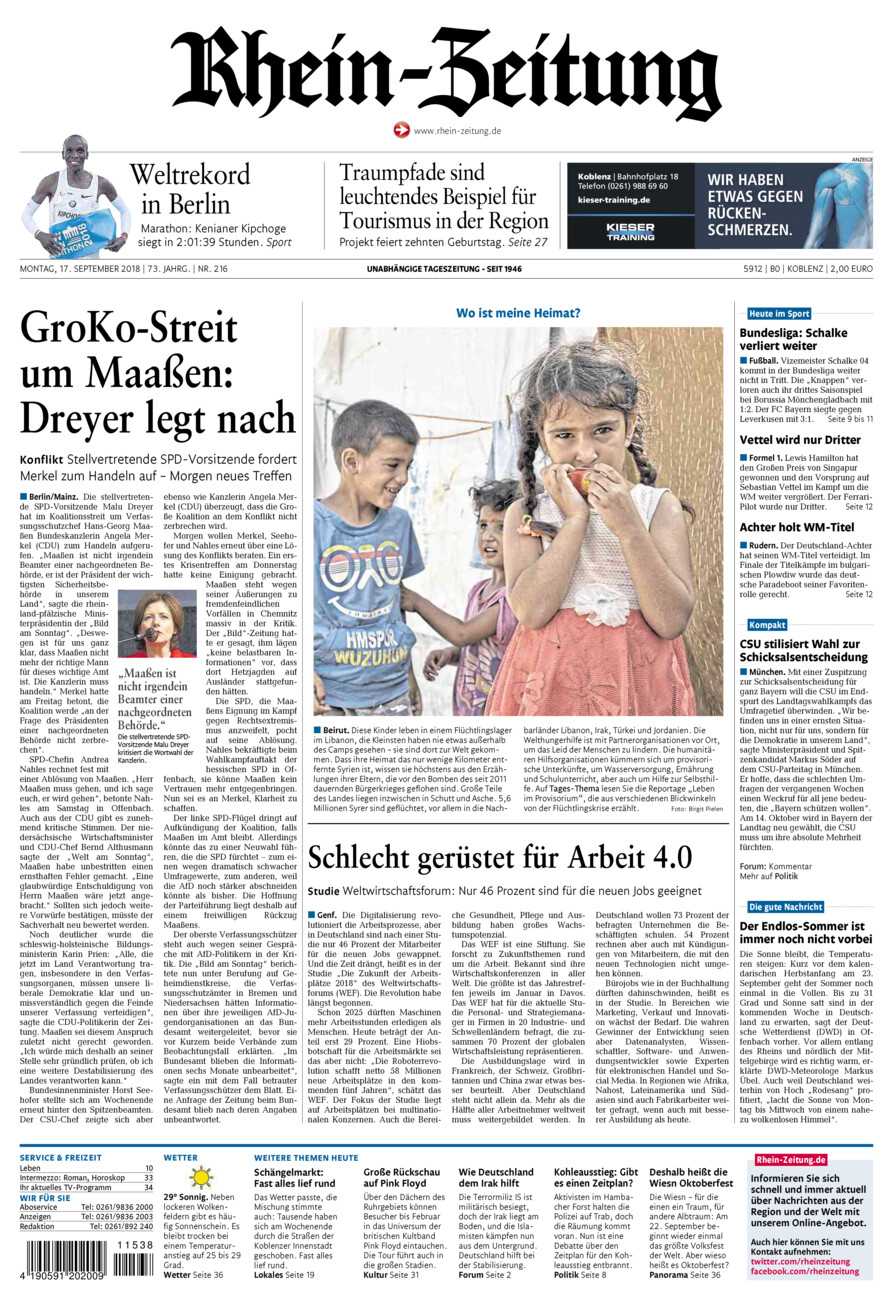 Rhein-Zeitung Koblenz & Region vom Montag, 17.09.2018