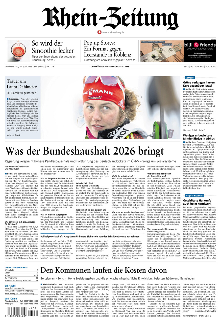 Rhein-Zeitung Koblenz & Region vom Donnerstag, 31.07.2025