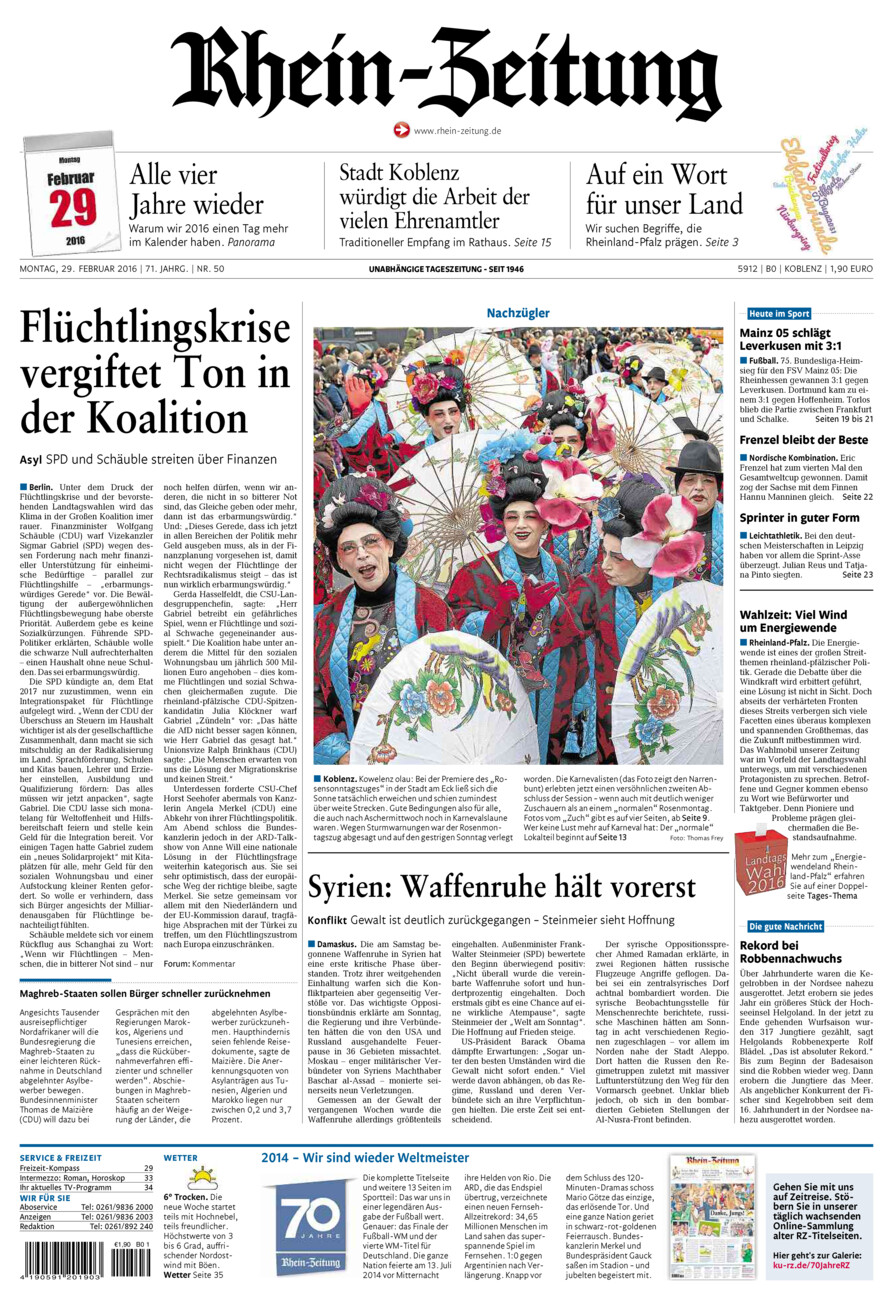 Rhein-Zeitung Koblenz & Region vom Montag, 29.02.2016