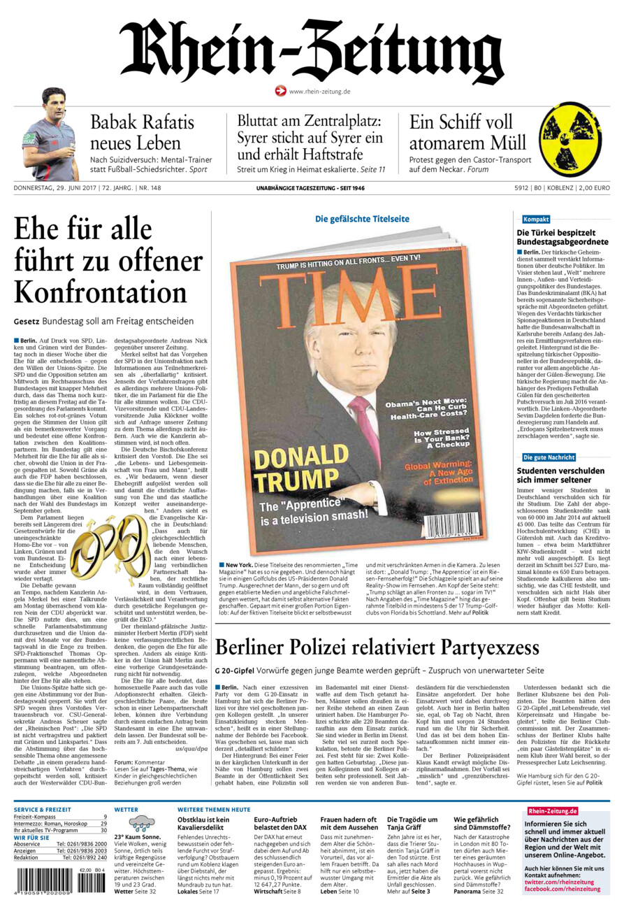 Rhein-Zeitung Koblenz & Region vom Donnerstag, 29.06.2017