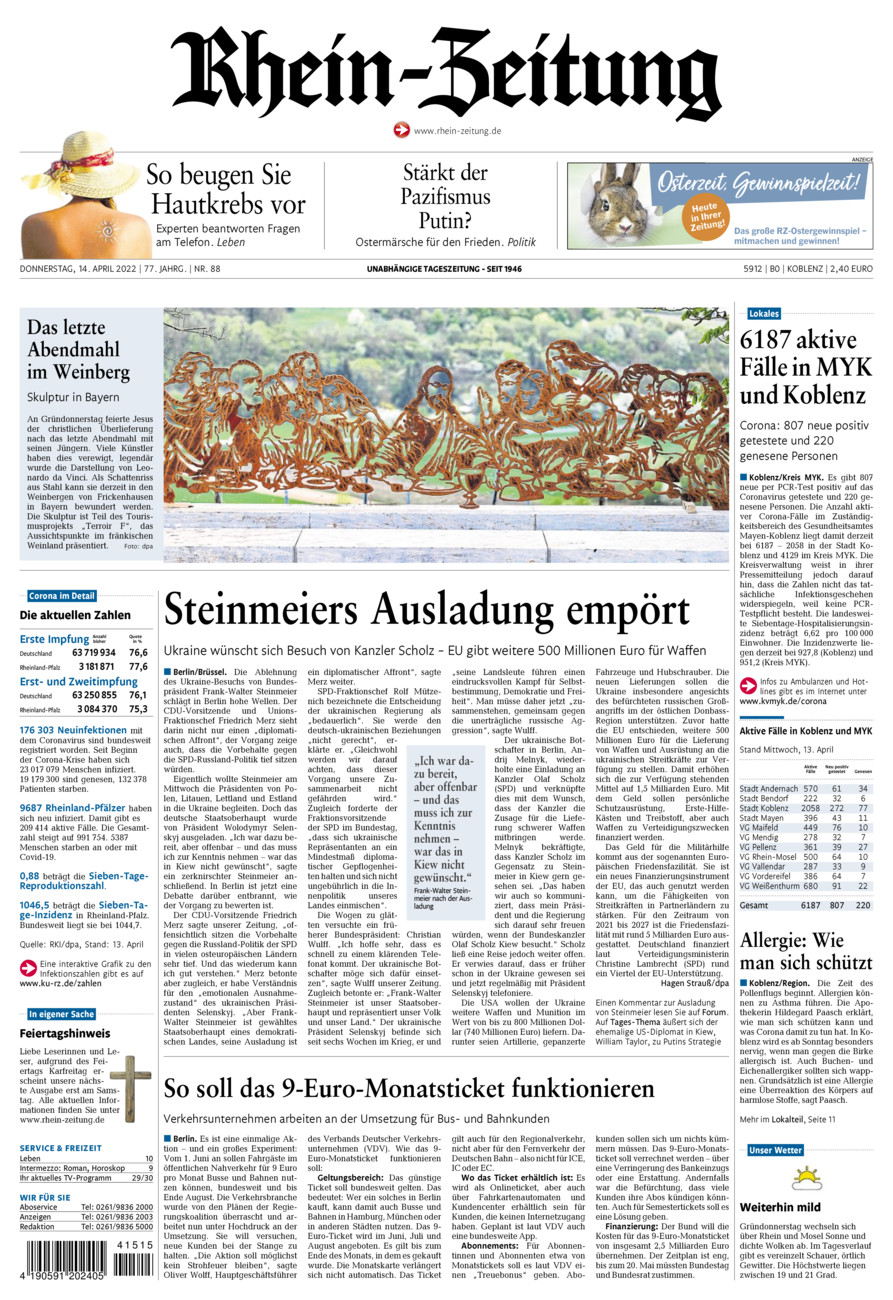 Rhein-Zeitung Koblenz & Region vom Donnerstag, 14.04.2022